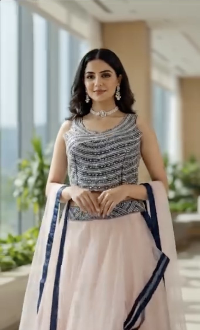 AI model in a ReStyle blush lehenga in an office corridor