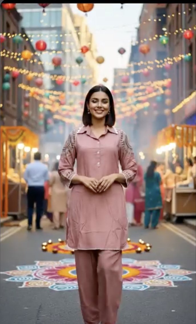AI model in a ReStyle cotton co-ord set on a festive street