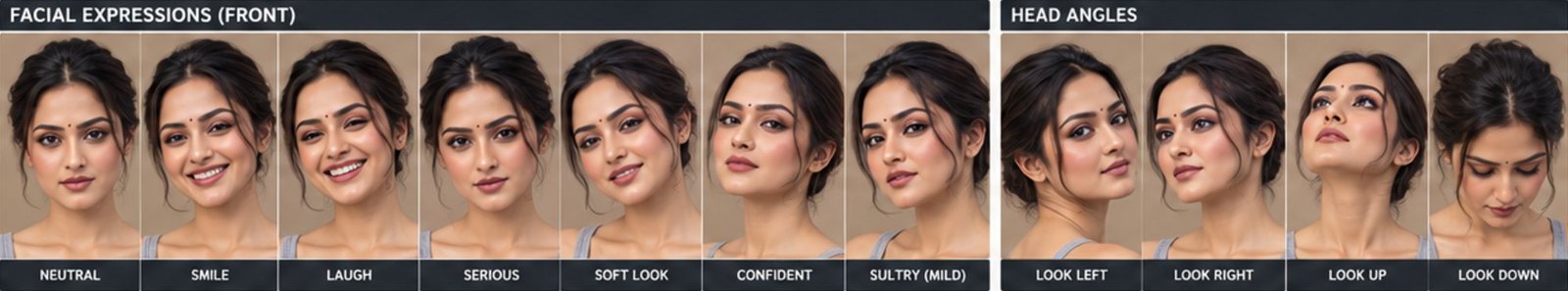 Tanvi's character sheet: front-facing expressions and head angles