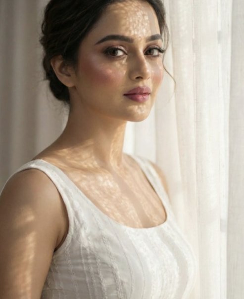 Tanvi, an AI model created by PixelStorm, in a white top by a sunlit window