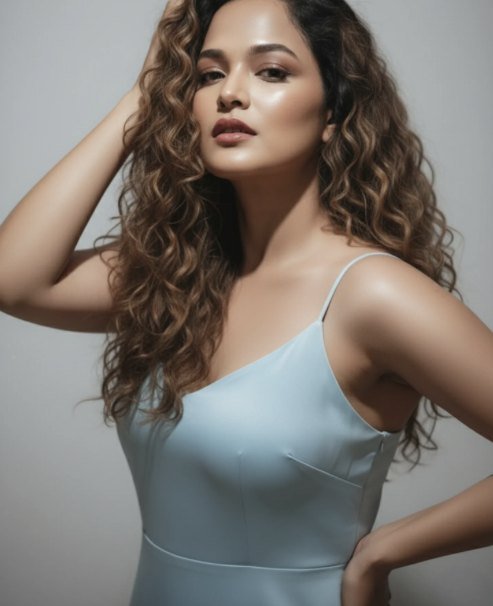 Tanvi in a pale blue slip dress, studio shot